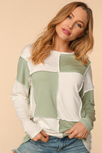 Ivory/Sage Square Color Block Reverse Stitch Knit Top