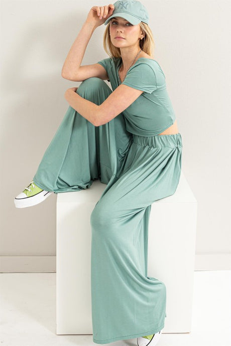 D.Blue Jersey Top And Wide Leg Pants Set