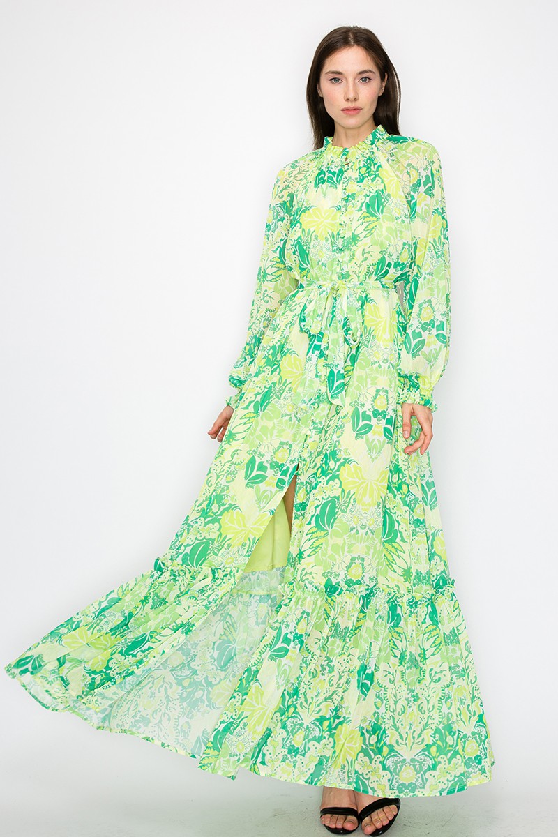Green Combo Floral Print Button Down Closure Tie Maxi Dress – Aquarius Brand