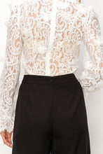 White Long Sleeve Mock Neck Butterfly Lace Blouse