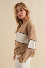 Khaki/Cream Long Sleeve Color Block Crew Neck Sweatshirts