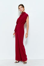 Burgundy High Neck Draped Waist Cap Sleeve Jumpsuit