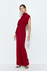 Burgundy High Neck Draped Waist Cap Sleeve Jumpsuit