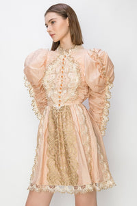 Peach /Gold Lace Mutton Sleeve Mini Dress