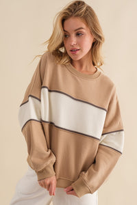 Khaki/Cream Long Sleeve Color Block Crew Neck Sweatshirts