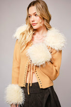 Camel Faux Fur Trim Lace Up Cardigan