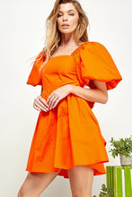 Orange Puffled Balloon Sleeve Tie Back Dress