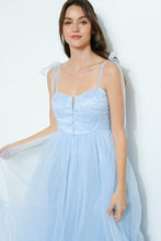 Light Blue Bow Tie Strap Lace-up Back Tulle Maxi Dress