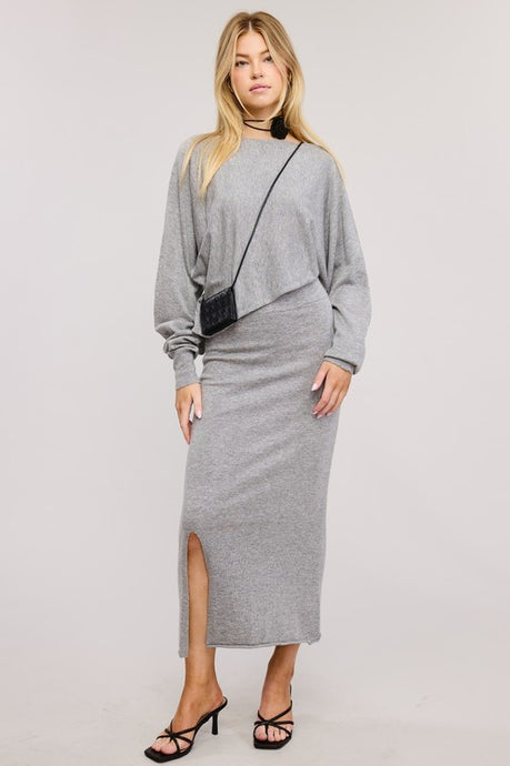 Grey Asymmetrical Top N Skirt Knit Set