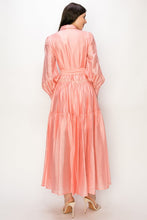 Peach Long Sleeve Shirt Maxi Dress With Lace Trim Tie