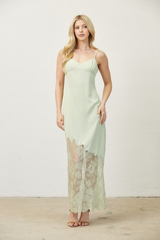 Lime Green Woven Solid And Lace Mixed Cami Maxi Dress