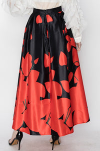 Black Flower Print Pleated Maxi Skirt with Waist Ribbon