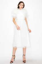 White Tulle Pleated Floral Short Sleeve Midi Dress