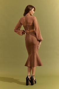 Mocha Bandage Crop Top Mesh And Fit Midi Skirt Set