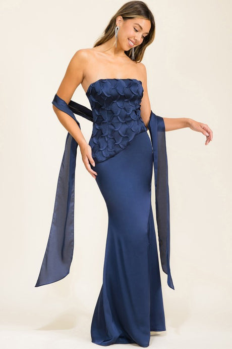 Navy Patterned Top Corset Dress With Matching Scarf