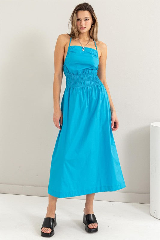 Aqua Poplin Backless Midi Dress – Aquarius Brand