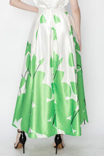 Green Flower Print Pleated Maxi Skirt with Waist Ribbon