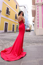 Red Lace Embroidered Satin Long Slit Evening Dress