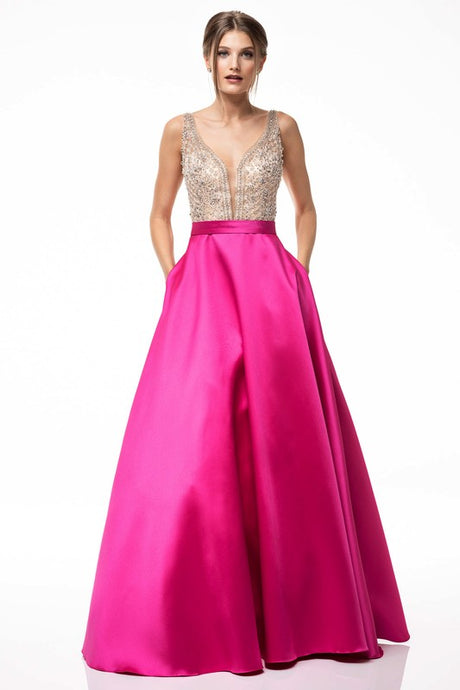 Magenta Sleeveless Sequined V-Neck Fashion Evening Dress