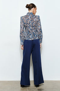 White/Blue Leopard High Neck Long Sleeve Blouse
