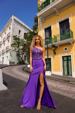 Purple Lace Embroidered Satin Long Slit Evening Dress