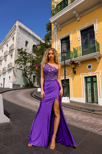 Purple Lace Embroidered Satin Long Slit Evening Dress