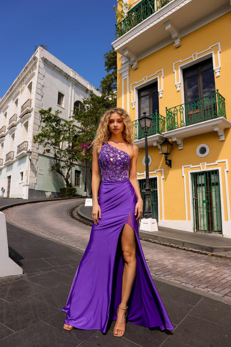 Purple Lace Embroidered Satin Long Slit Evening Dress