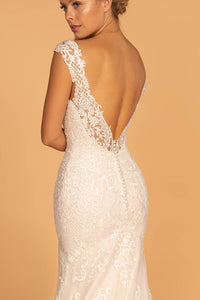 Ivory/Cream Embroidery Embellished Mesh Wedding Gown w/ Netting Shoulder Strap