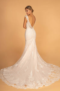 Ivory/Cream Embroidery Embellished Mesh Wedding Gown w/ Netting Shoulder Strap