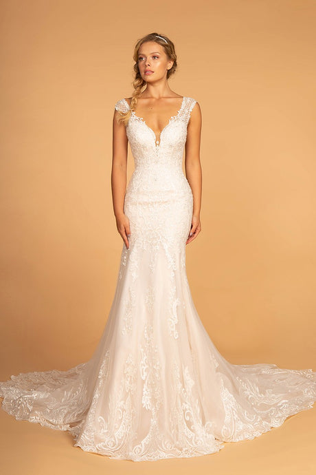 Ivory/Cream Embroidery Embellished Mesh Wedding Gown w/ Netting Shoulder Strap