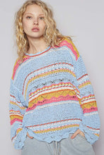 Blue Multi Round Neck Long Sleeve Striped Solid Sweater Top