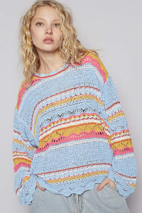 Blue Multi Round Neck Long Sleeve Striped Solid Sweater Top