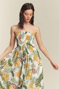 White Combo Leaf Print Smocked Tube Wide Leg Jumpsuit