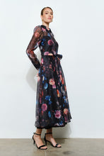 Black Floral Organza Puff Sleeve Belted Shirt Dress