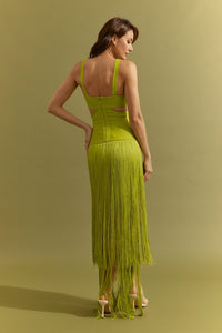 Citron Green Bandage Fringe Dress With Cutout
