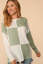 Ivory/Sage Square Color Block Reverse Stitch Knit Top