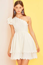Off White One Shoulder Scallop Edge Trim Solid Dress