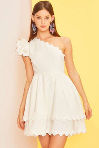 Off White One Shoulder Scallop Edge Trim Solid Dress