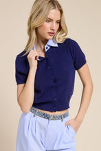 Navy Striped Collar Short Sleeve Knit Top