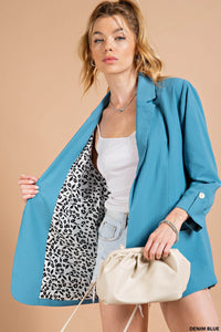 Denim Blue Crinkle Texture Floral Lined Blazer