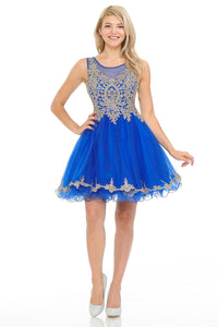 Royal Blue Sleeveless Stone Embroider Sheer Mesh Short Dress