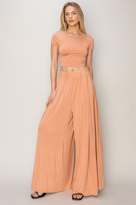 Copper Tan Jersey Top And Wide Leg Pants Set