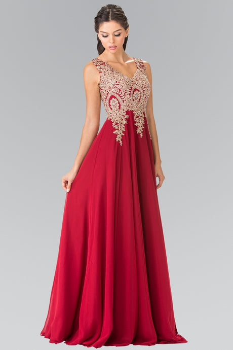 Red V-Neck Embroidered Chiffon Long Dress