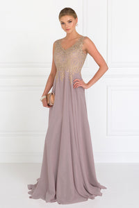 Mauve V-Neck Embroidered Chiffon Long Dress
