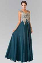 Teal V-Neck Embroidered Chiffon Long Dress