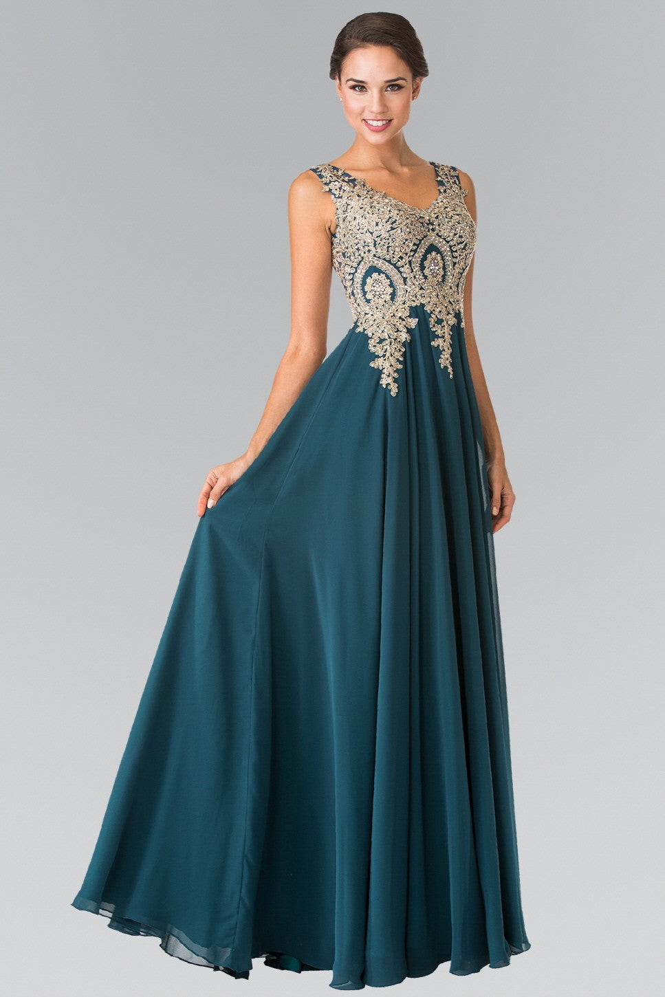 Teal V-Neck Embroidered Chiffon Long Dress