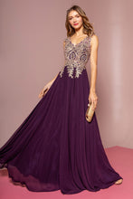Burgundy V-Neck Embroidered Chiffon Long Dress