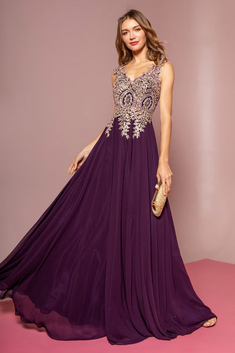 Burgundy V-Neck Embroidered Chiffon Long Dress