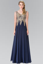 Navy V-Neck Embroidered Chiffon Long Dress