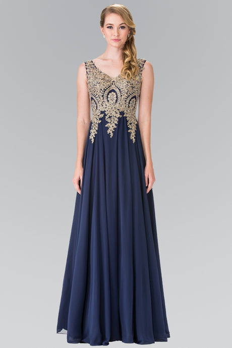 Navy V-Neck Embroidered Chiffon Long Dress